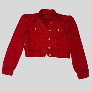 [BLANKNYC] Red Distressed Cropped Denim Jacket - Puffy Shoulder - Size Small